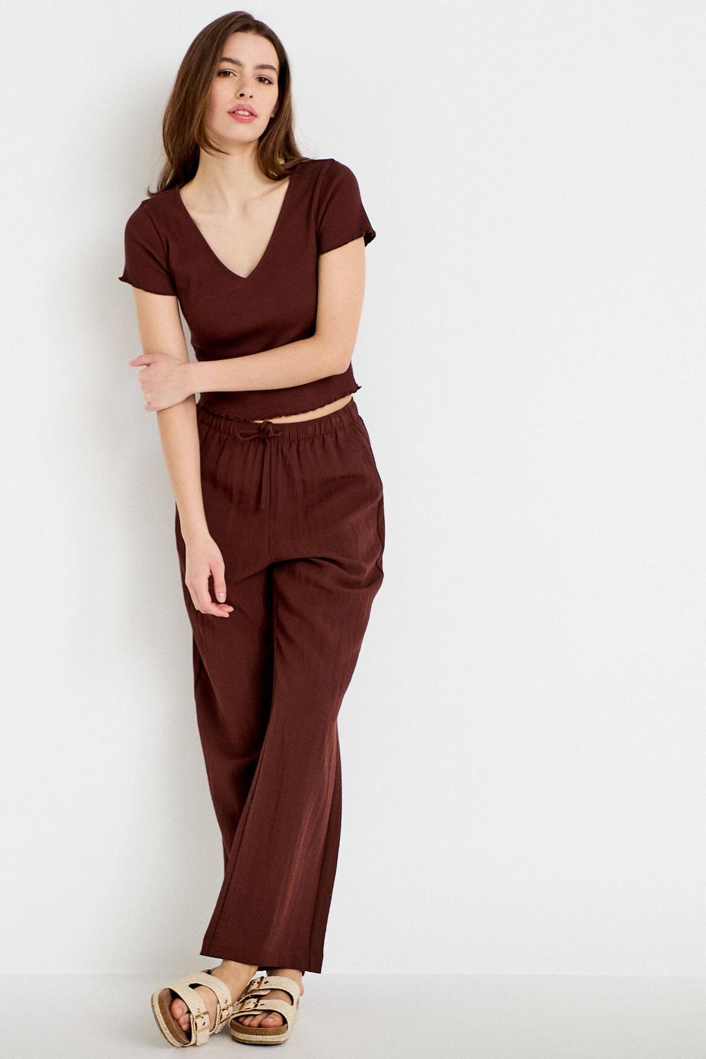 Donkerblauwe dames Cache Cache wide leg high waist casual broek van viscose met elastische tailleband met koord en effen