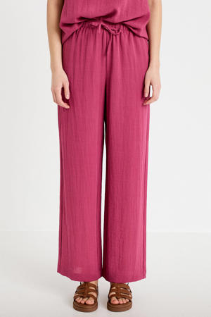 wide leg high waist casual broek fuchsia met textuur