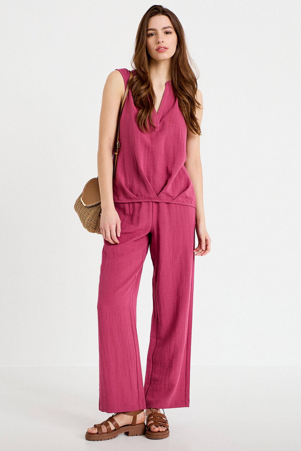 Fuchsia dames Cache Cache wide leg high waist casual broek van viscose met elastische tailleband met koord en effen