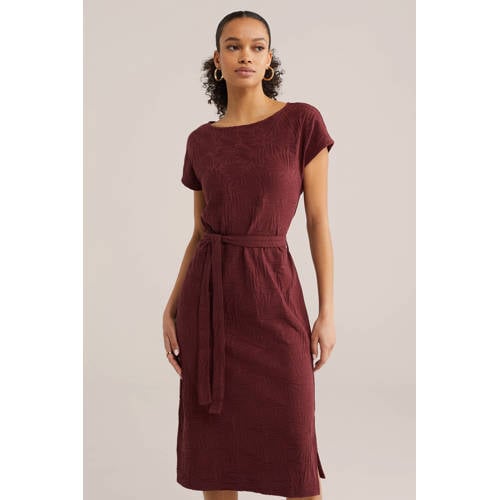 WE Fashion jacquard midi jurk met ceintuur donkerrood afbeelding