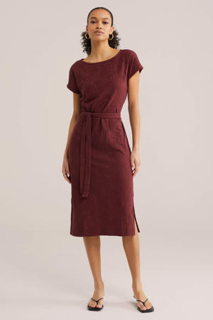 jacquard midi jurk met ceintuur donkerrood