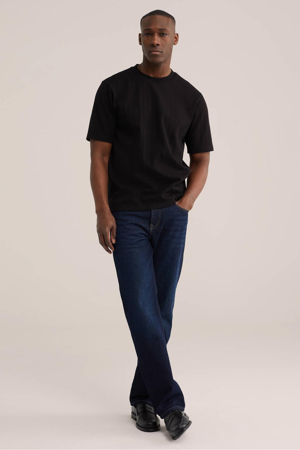 Zwarte heren WE Fashion relaxed gestreepte T-shirt van katoen met effen, korte mouwen en ronde hals