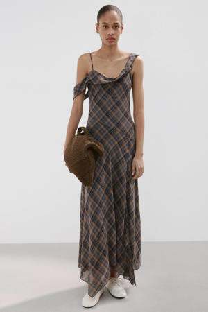 geruite off shoulder jurk bruin