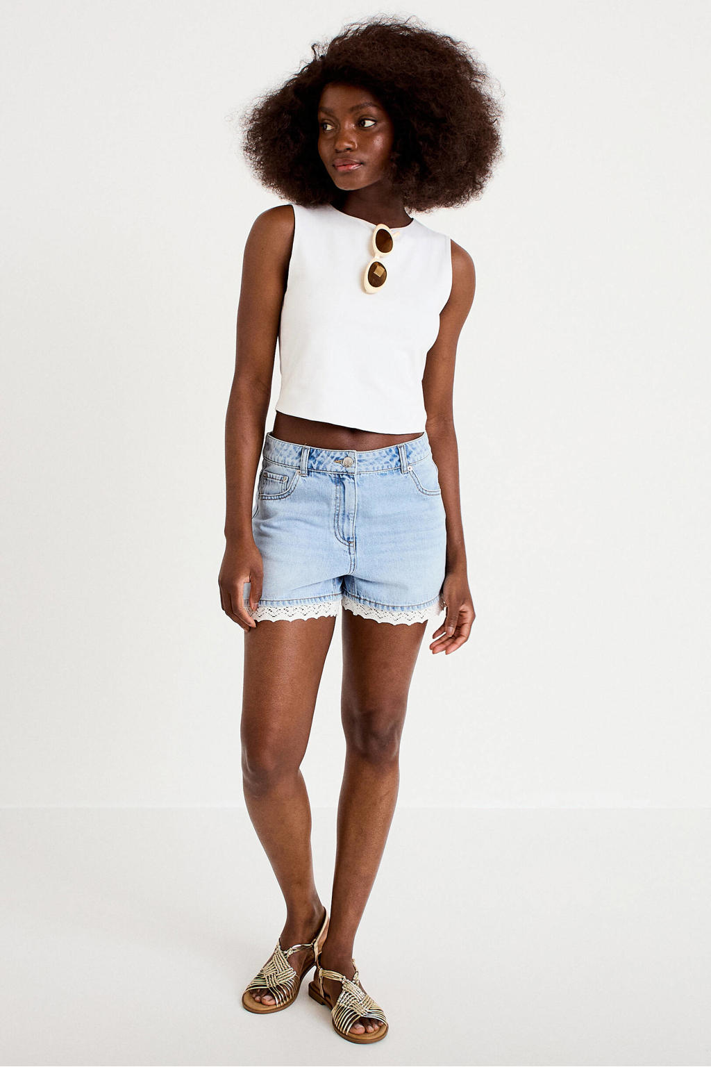 Light blue denim dames Cache Cache straight regular waist short van denim met rits- en knoopsluiting en effen