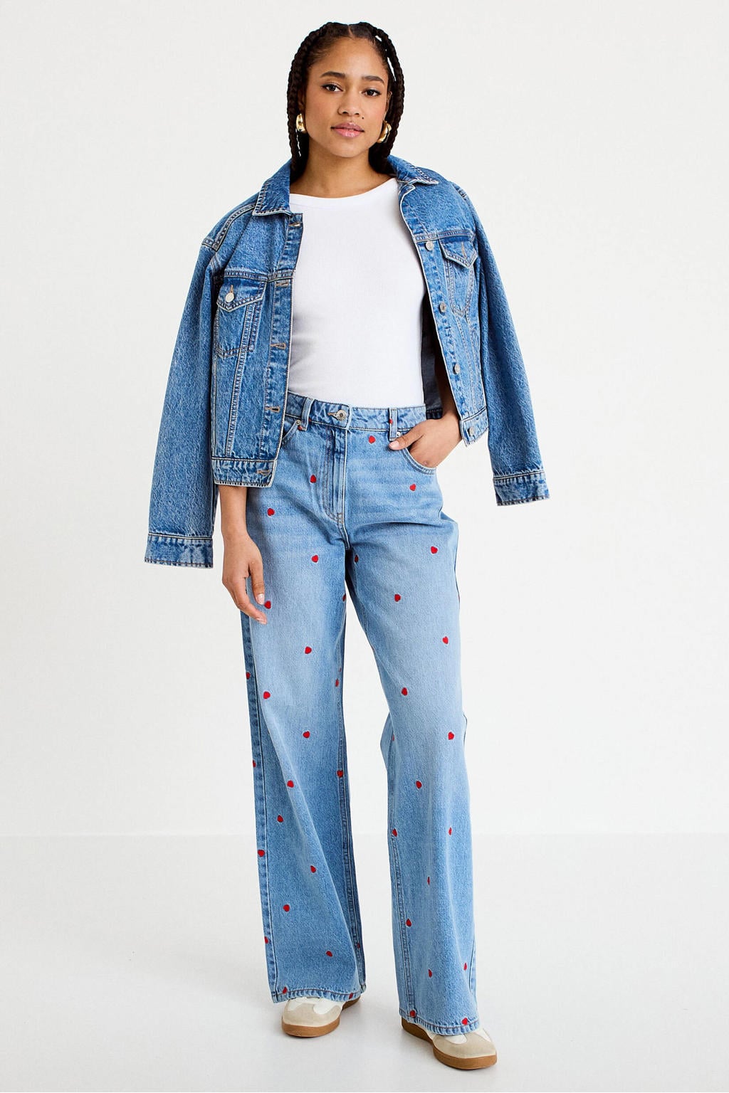 Medium blue denim dames Cache Cache high waist wide leg jeans en hartjes mediumblauw met rits- en knoopsluiting