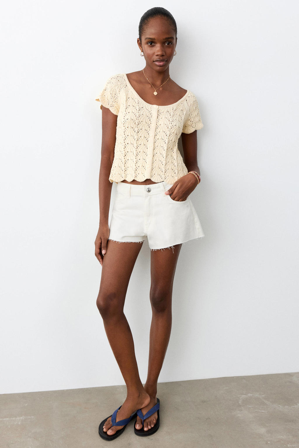 Witte meisjes MANGO TEEN short van denim met rits- en knoopsluiting en effen