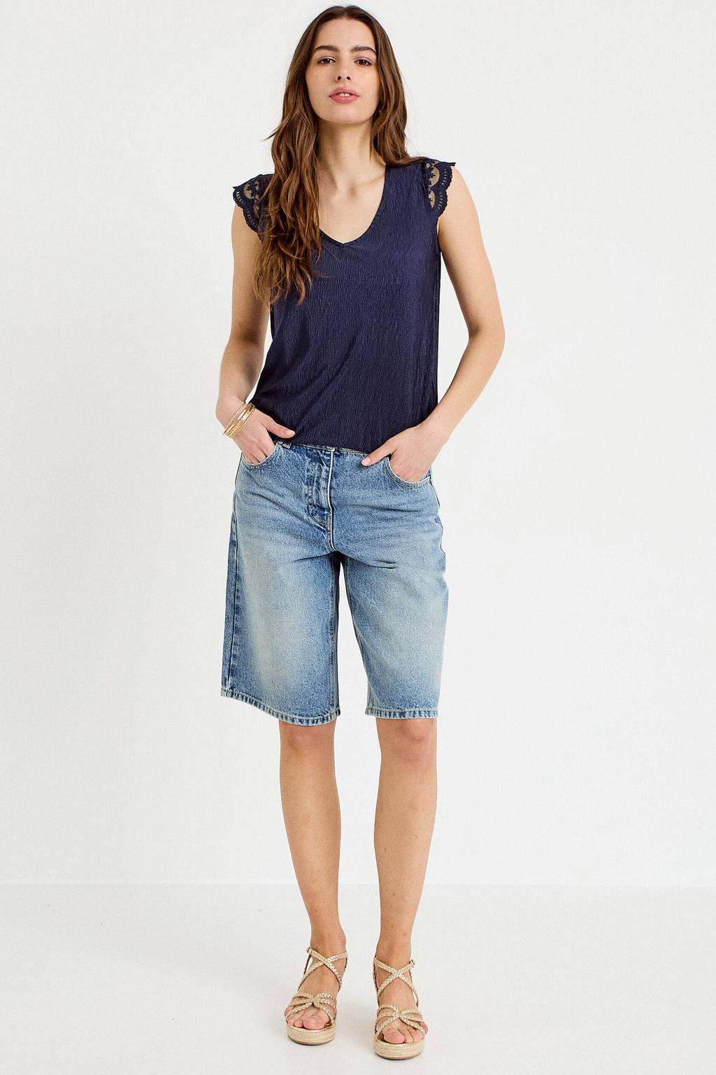 Marineblauw dames Cache Cache top van polyester met effen, V-hals en kant