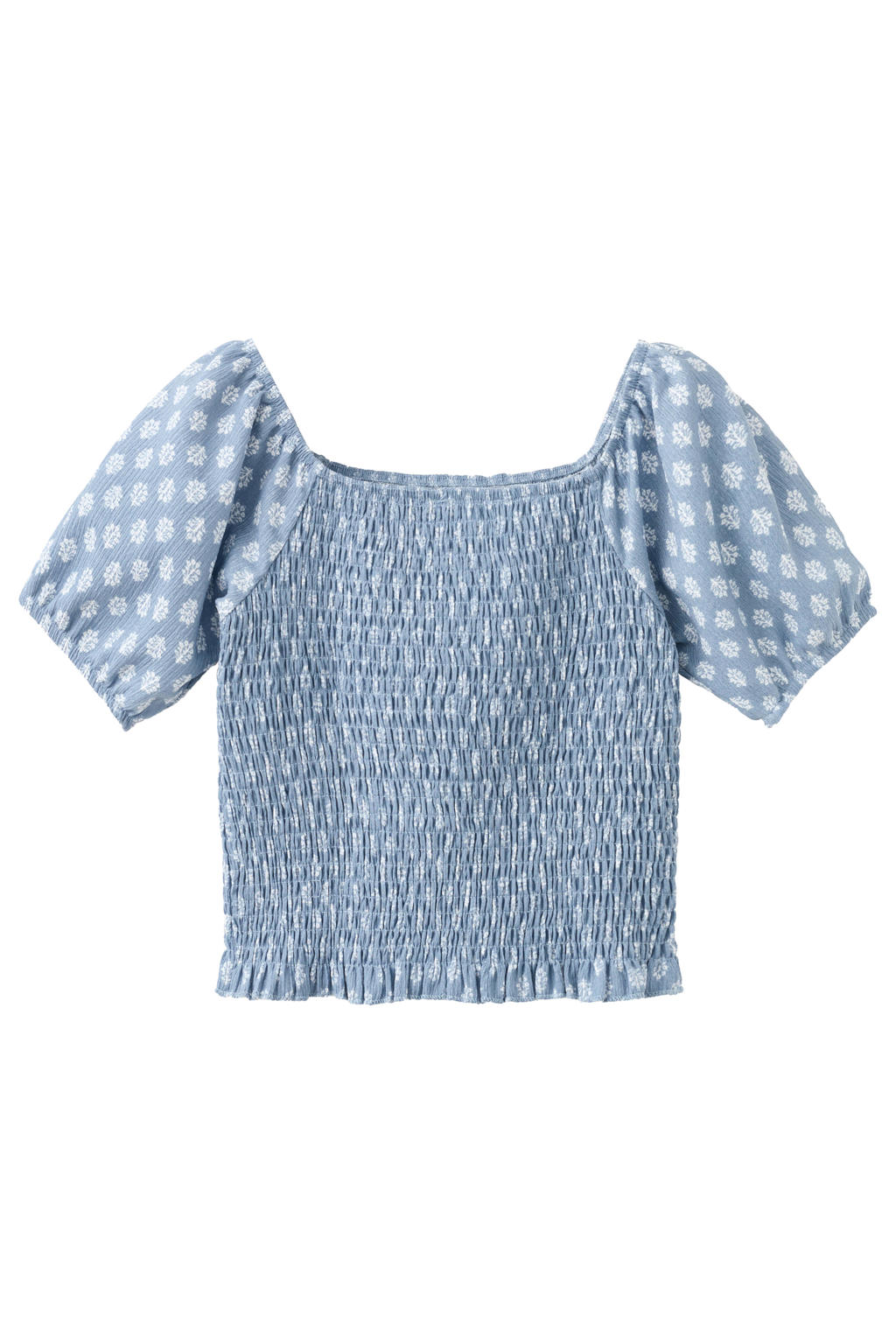 Blauw en witte meisjes Mango Kids blousetop van polyester met korte mouwen, vierkante hals en elastische boord