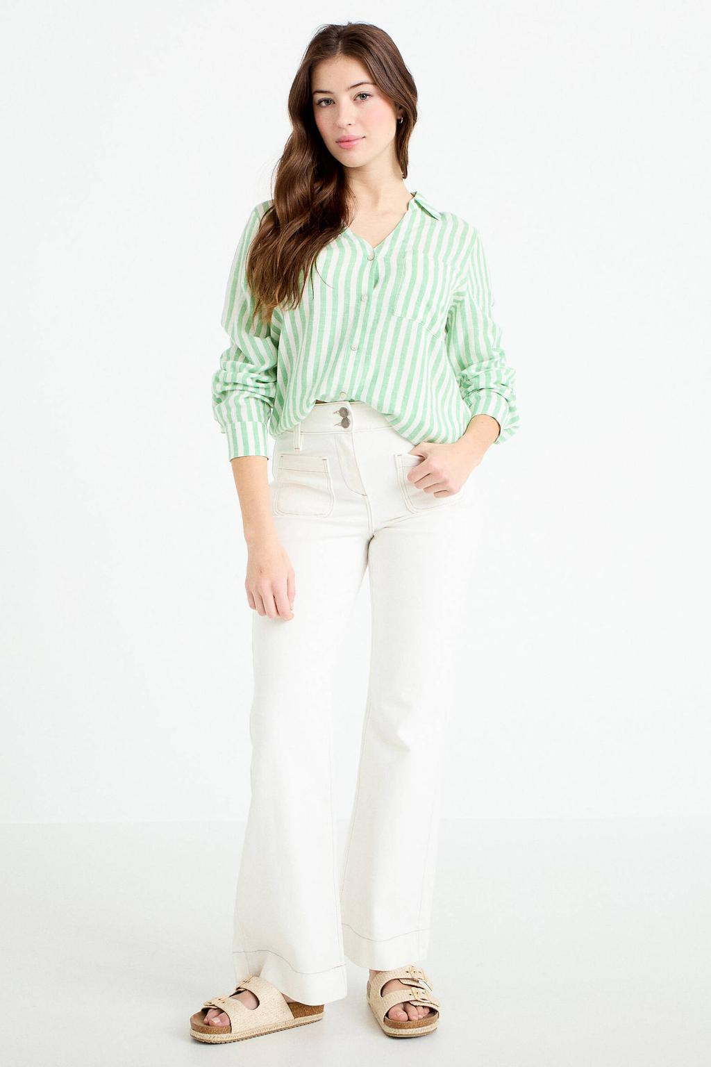 Groene dames Cache Cache blouse van linnen met effen, lange mouwen, klassieke kraag en knoopsluiting
