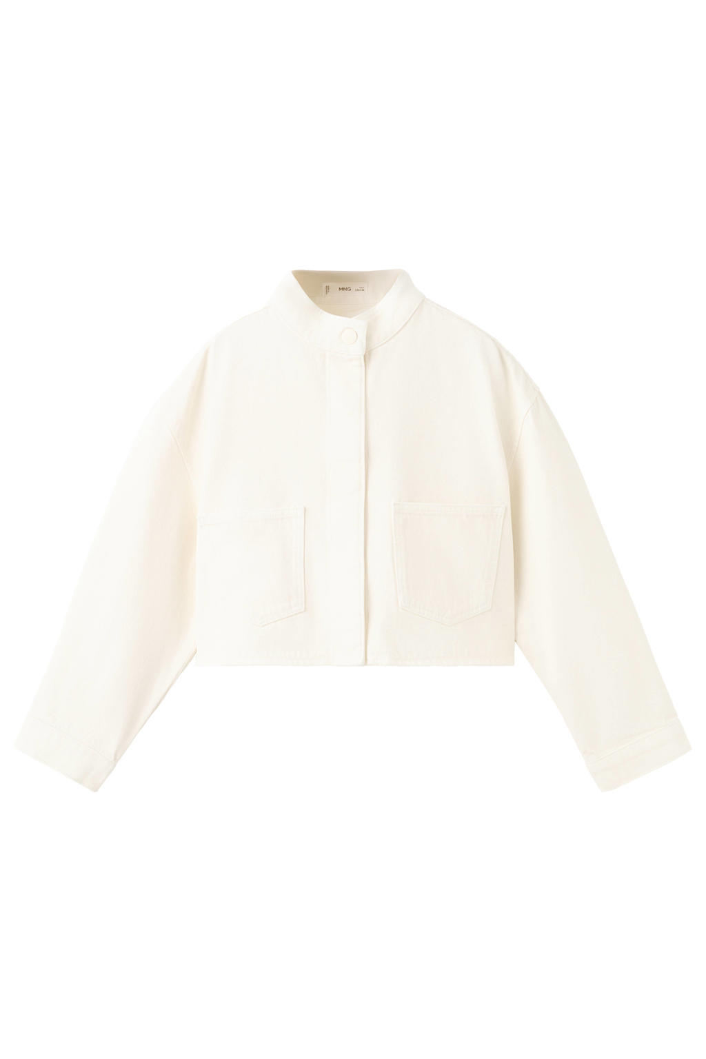 Beige meisjes Mango Kids zomerjas van denim met effen, lange mouwen, opstaande kraag en drukknoopsluiting