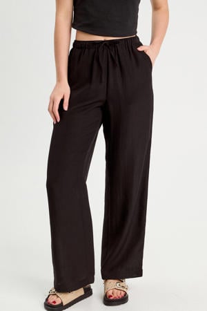 wide leg high waist casual broek zwart met textuur
