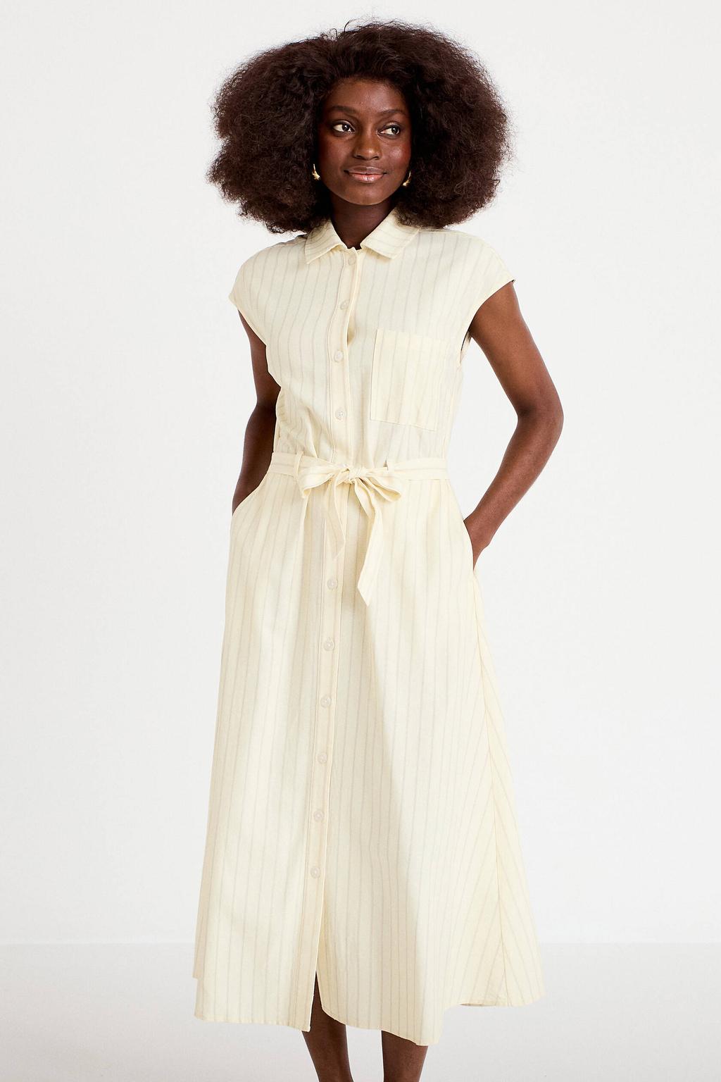 Lichtgele dames Cache Cache linnen blousejurk met krijtstreepprint, klassieke kraag, knoopsluiting en ceintuur