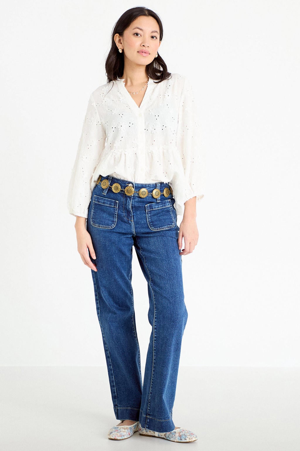 Ecru dames Cache Cache blousetop broderie van viscose met effen, driekwart mouwen, V-hals en knoopsluiting