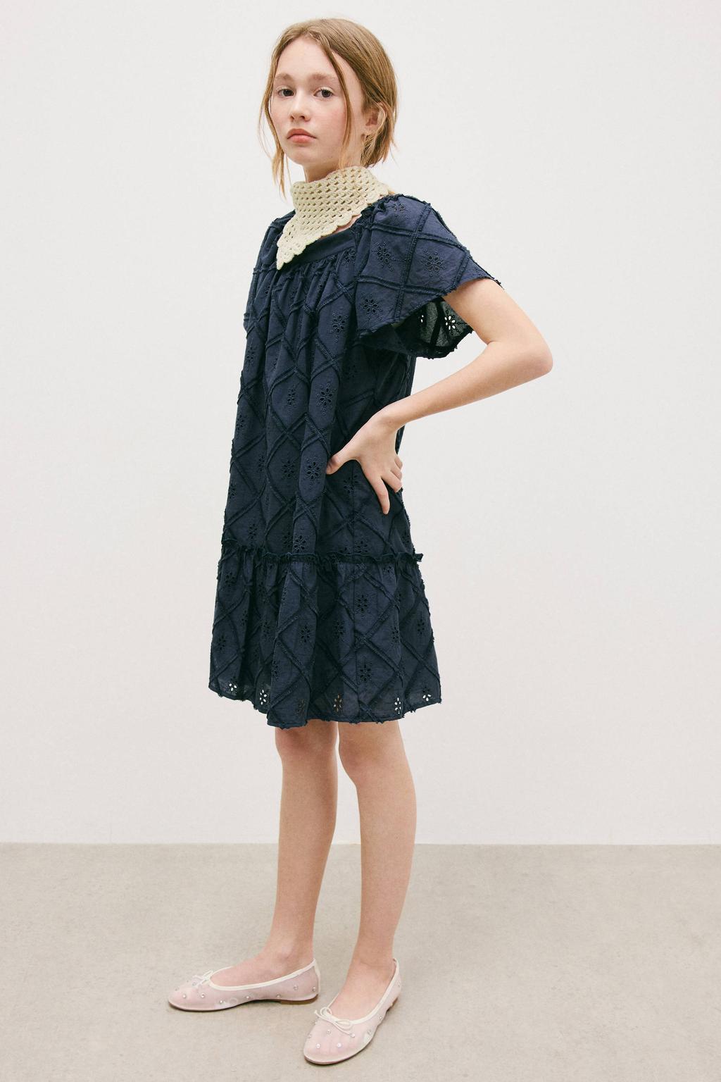Marineblauw meisjes Mango Kids A-lijn jurk blauw van katoen met effen, korte mouwen en ronde hals