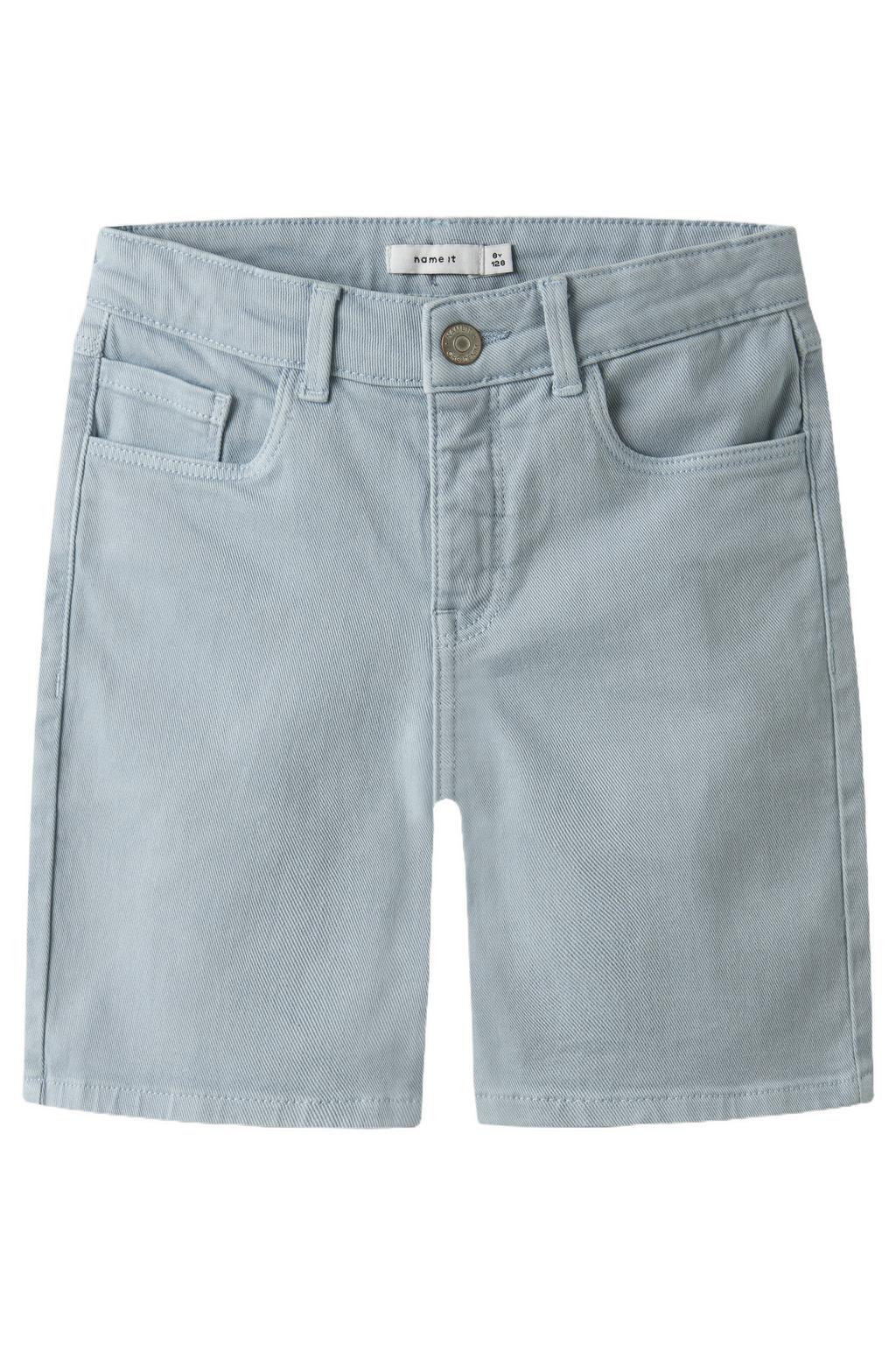 Lichtblauwe jongens NAME IT KIDS regular bermuda short van stretchkatoen met rits- en haaksluiting en effen