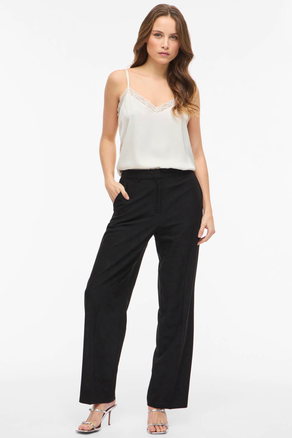 Ecru dames VILA top van polyester met effen, spaghettibandjes, V-hals en kant