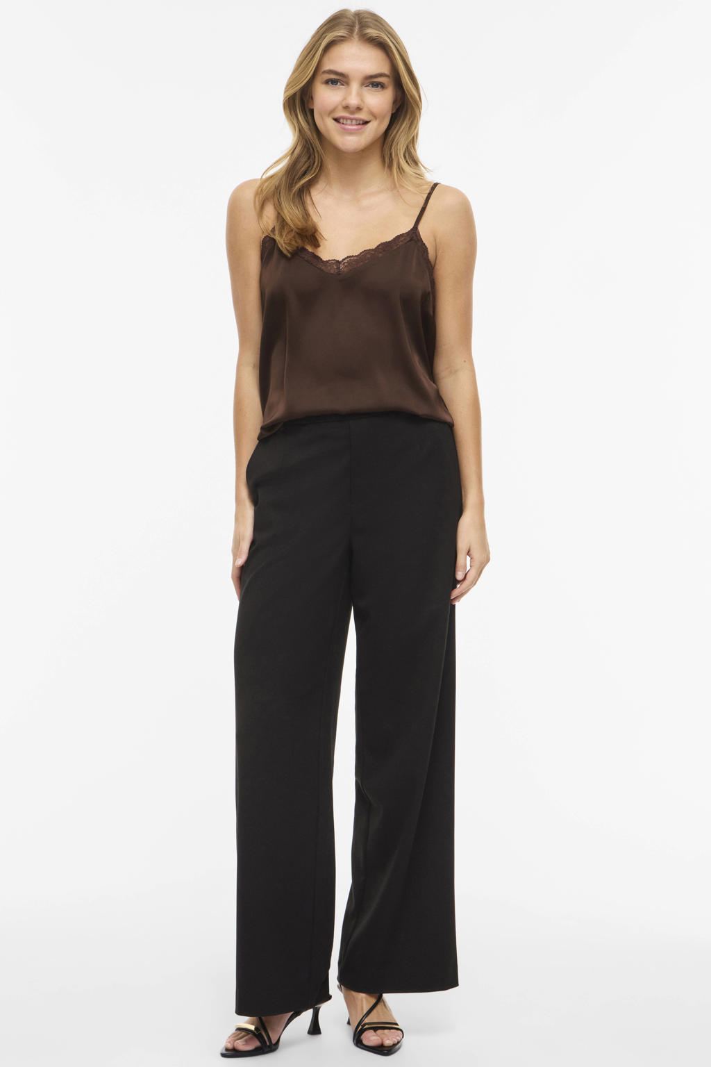 Bruine dames VILA top van polyester met effen, spaghettibandjes, V-hals en kant