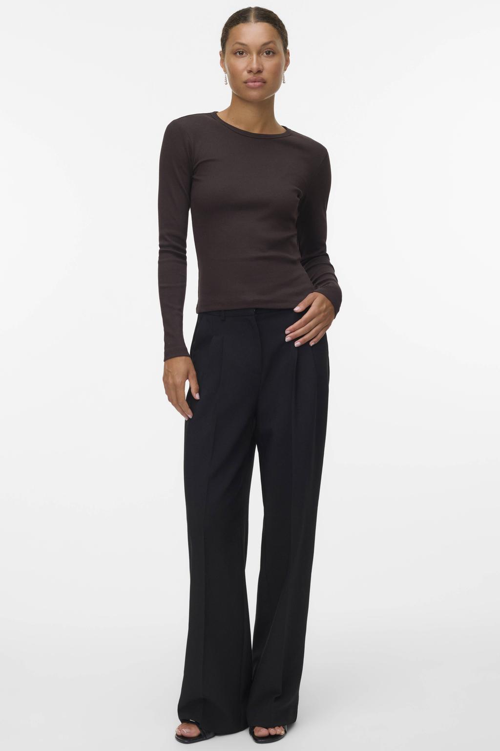 Donkerblauwe dames VERO MODA top met effen, lange mouwen en ronde hals