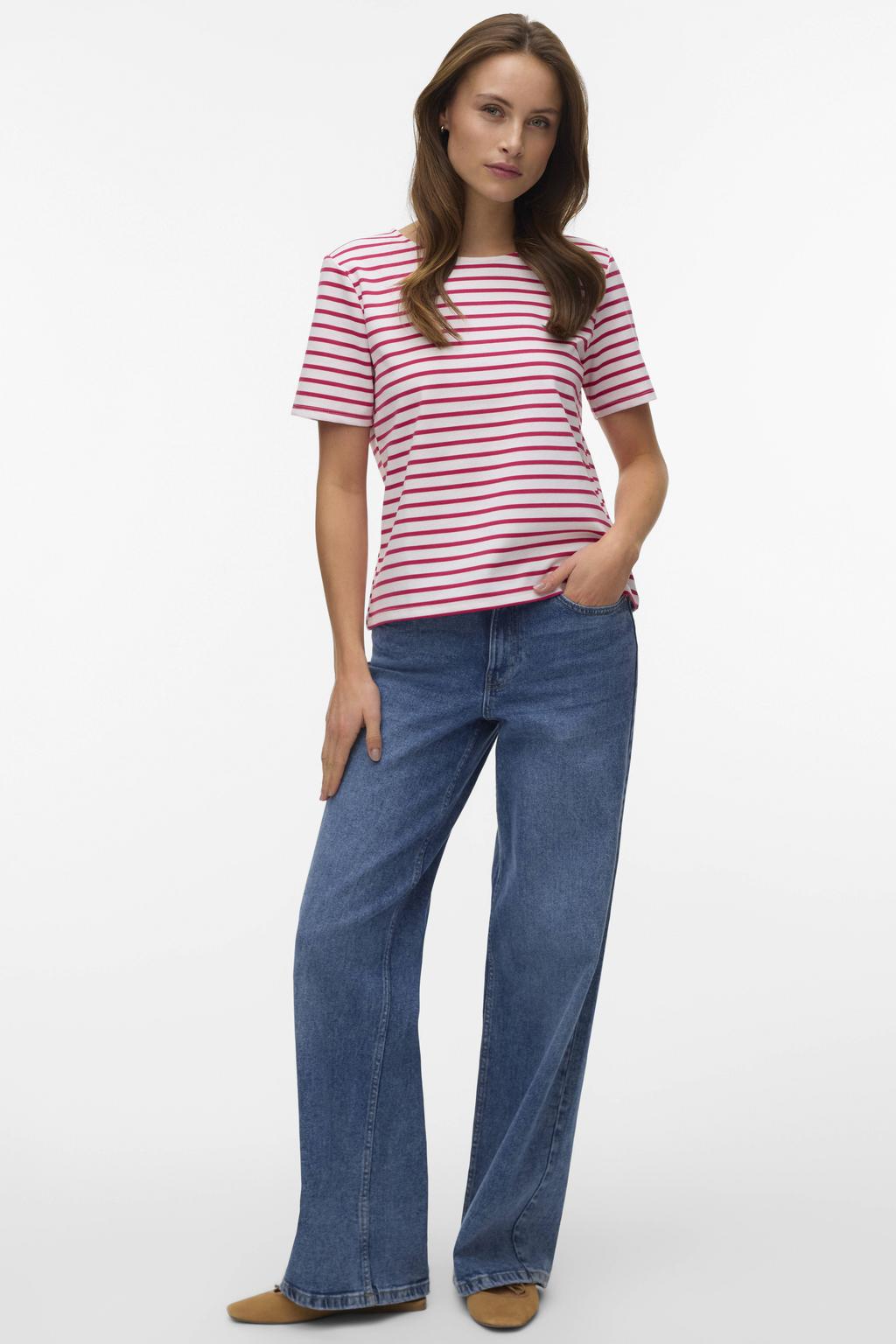 Rood en witte dames VERO MODA gestreepte blousetop van polyester met korte mouwen, ronde hals en ritssluiting