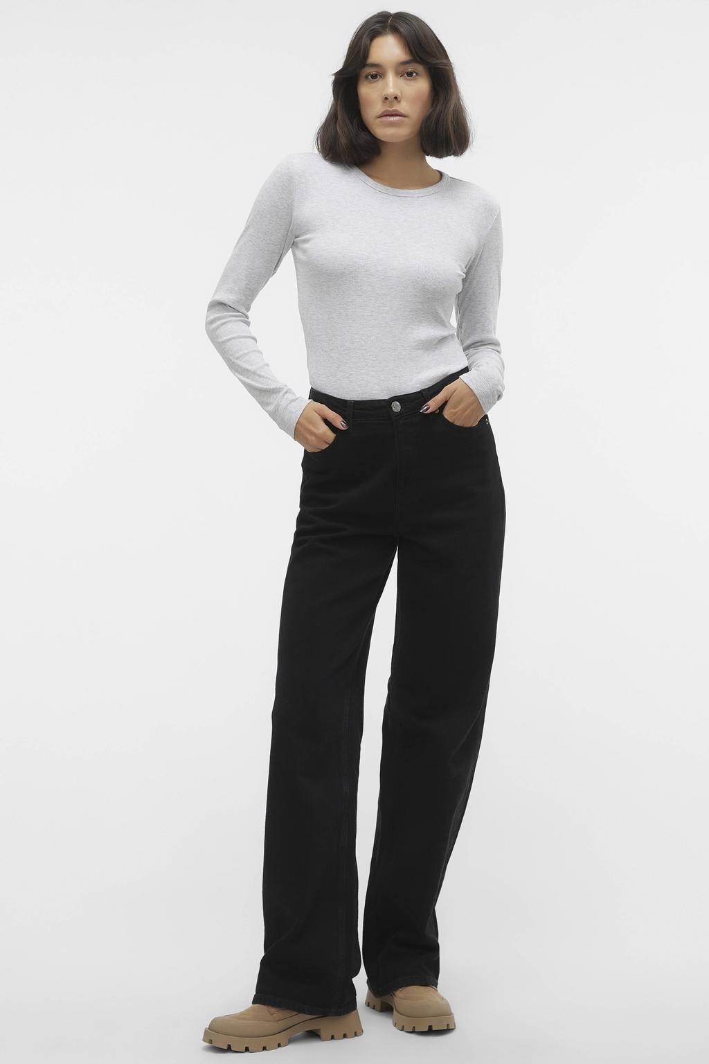 Lichtgrijze dames VERO MODA top met effen, lange mouwen en ronde hals