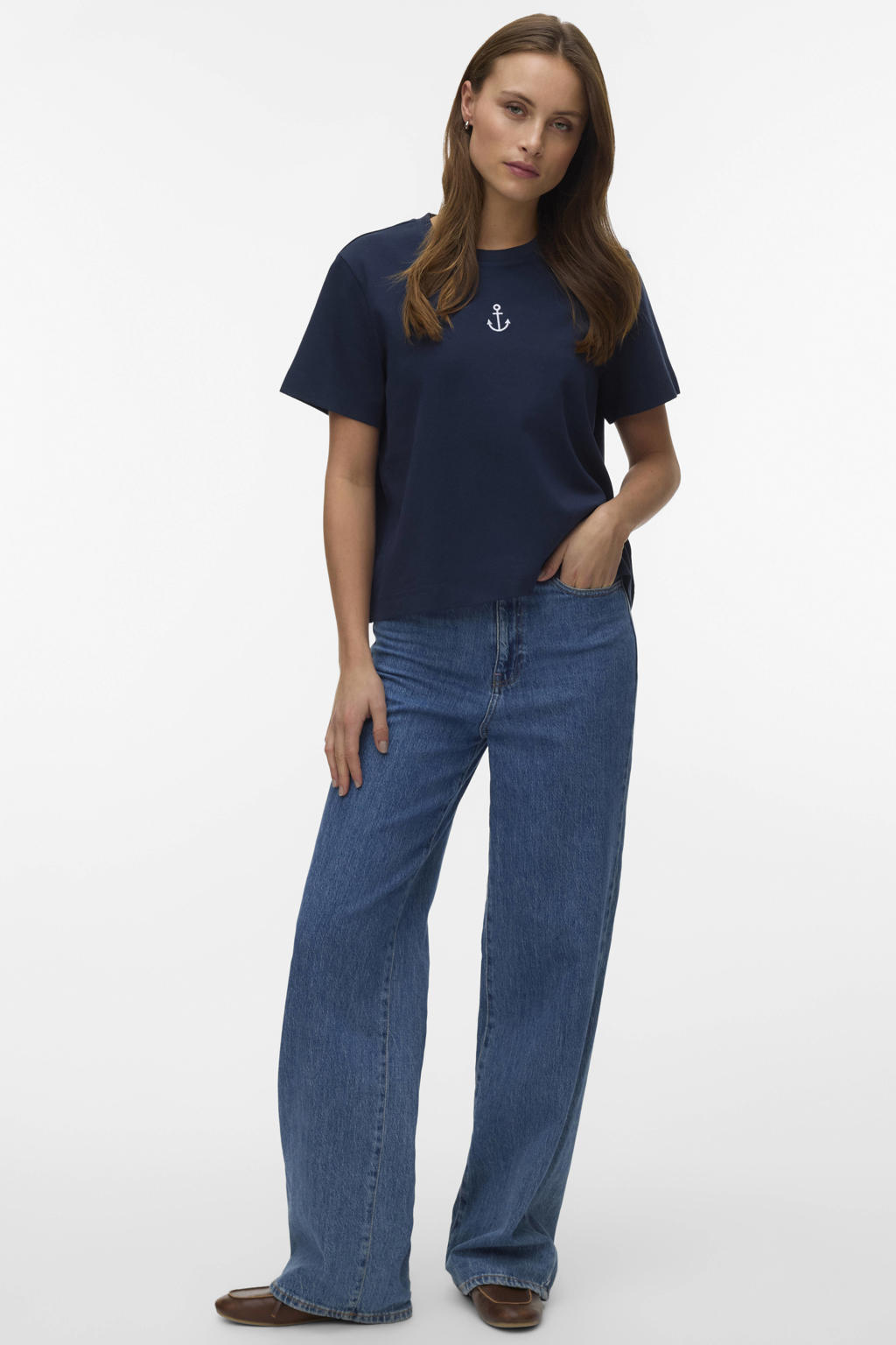 Donkerblauw en witte dames VERO MODA T-shirt van katoen met printopdruk, korte mouwen en ronde hals
