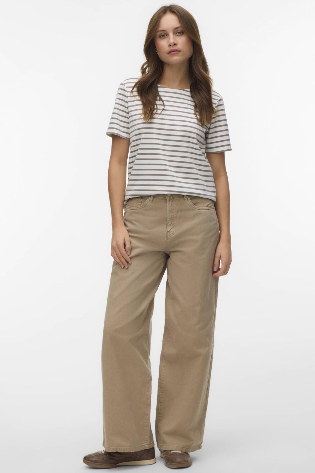 Wit en zandkleurige dames VERO MODA gestreepte blousetop van polyester met korte mouwen, ronde hals en ritssluiting