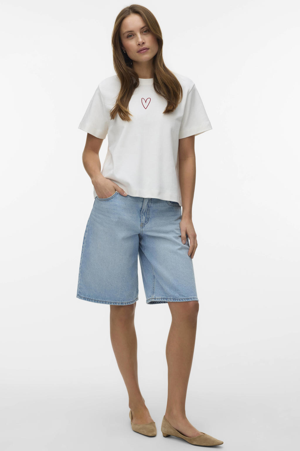 Wit en rode dames VERO MODA T-shirt van katoen met printopdruk, korte mouwen en ronde hals