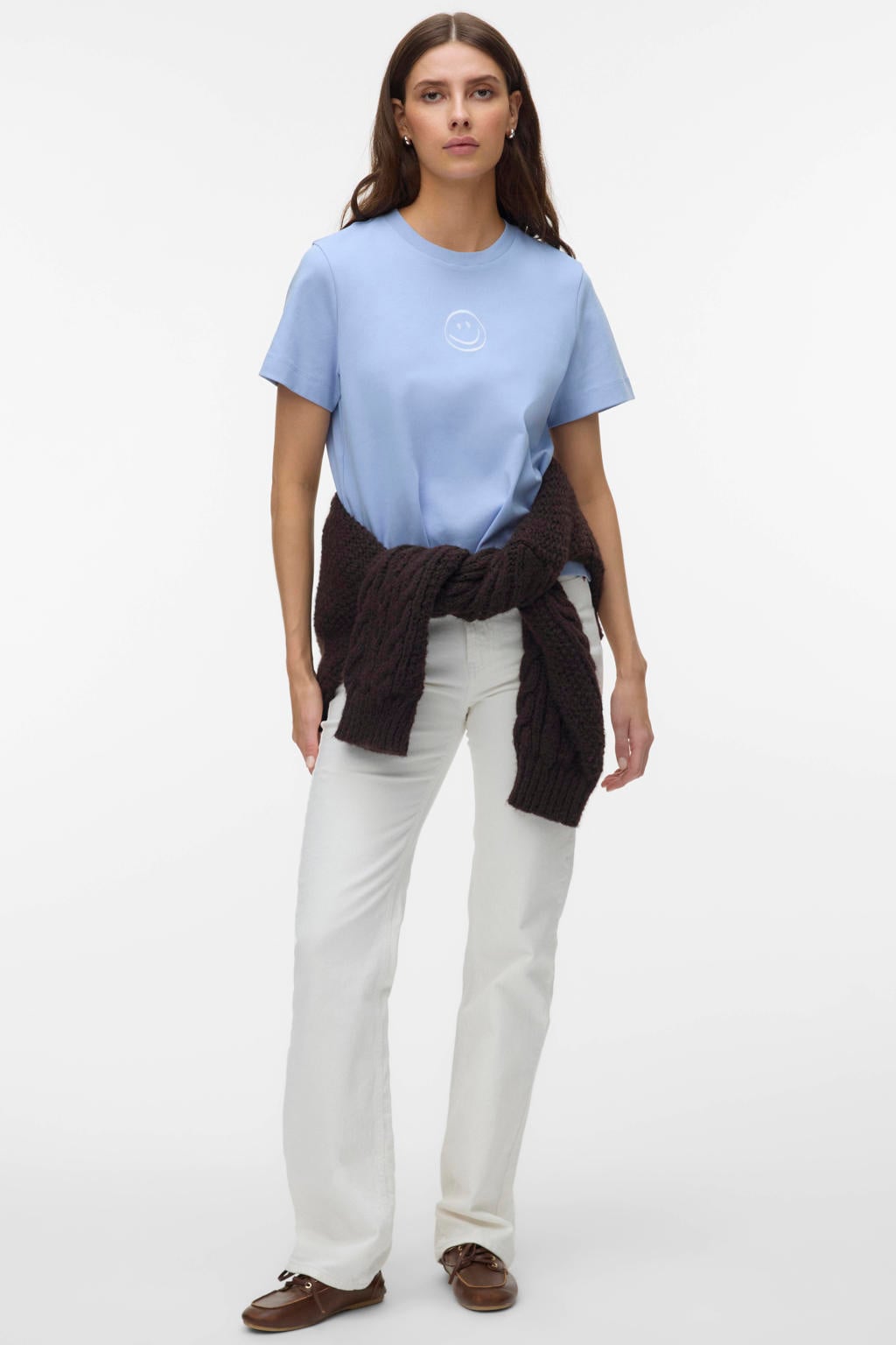 Lichtblauw en witte dames VERO MODA T-shirt van katoen met printopdruk, korte mouwen en ronde hals