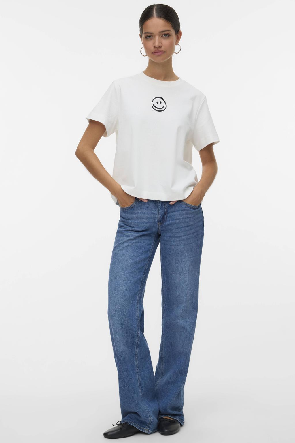 Wit en zwarte dames VERO MODA T-shirt van katoen met printopdruk, korte mouwen en ronde hals