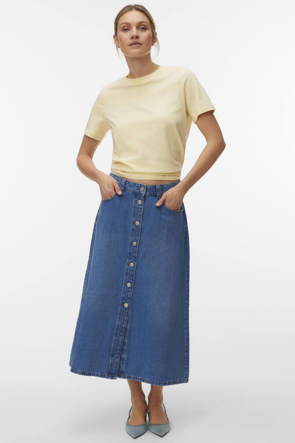 Lichtgele dames VERO MODA T-shirt van katoen met effen, korte mouwen en ronde hals