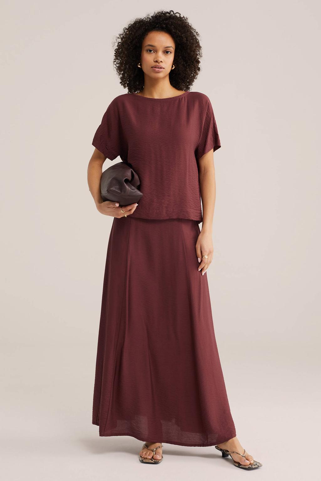 Donkerrode dames WE Fashion top van viscose met effen, korte mouwen en ronde hals