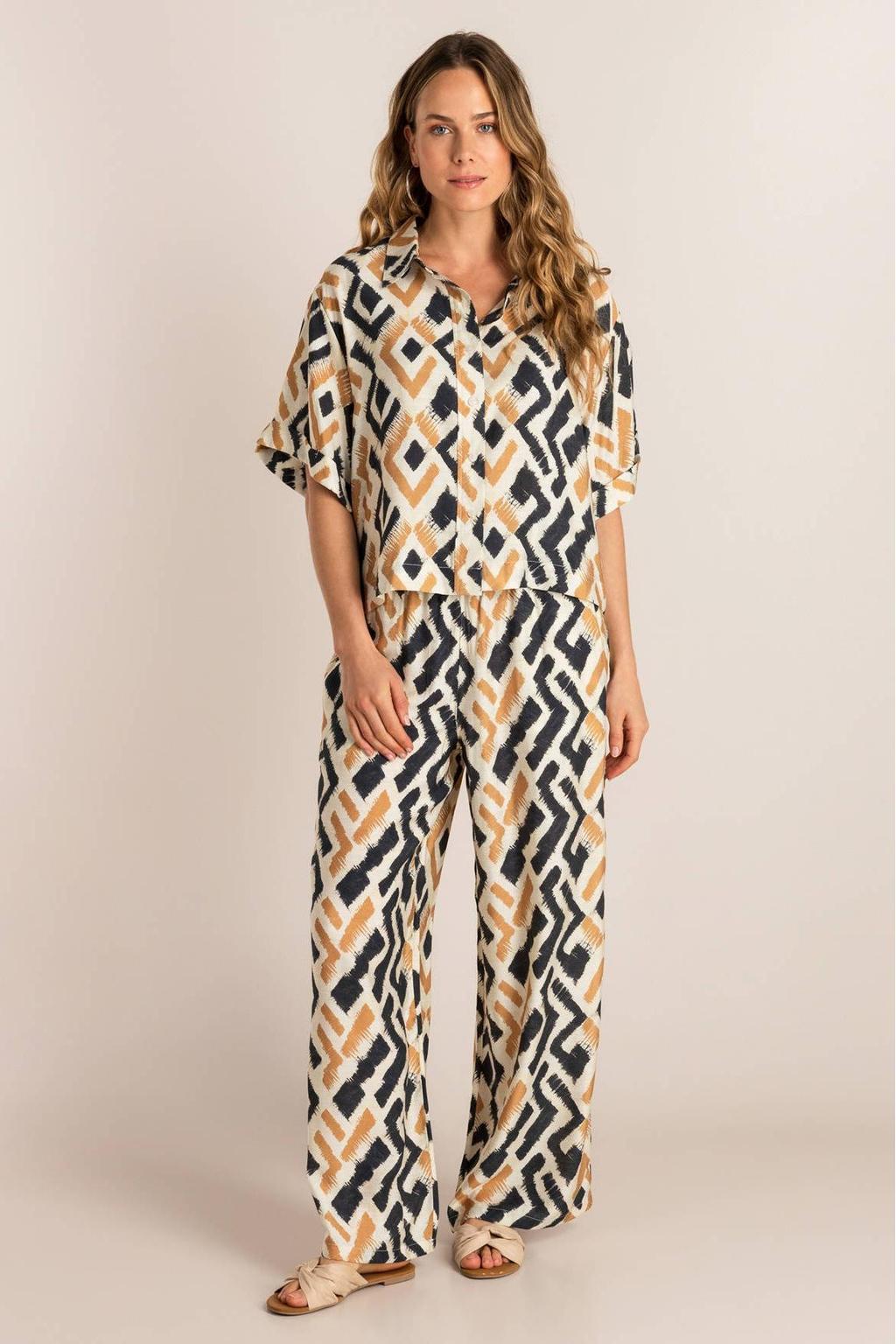 Donkerblauw en beige dames Ivy Beau blouse van viscose met korte mouwen, klassieke kraag en knoopsluiting