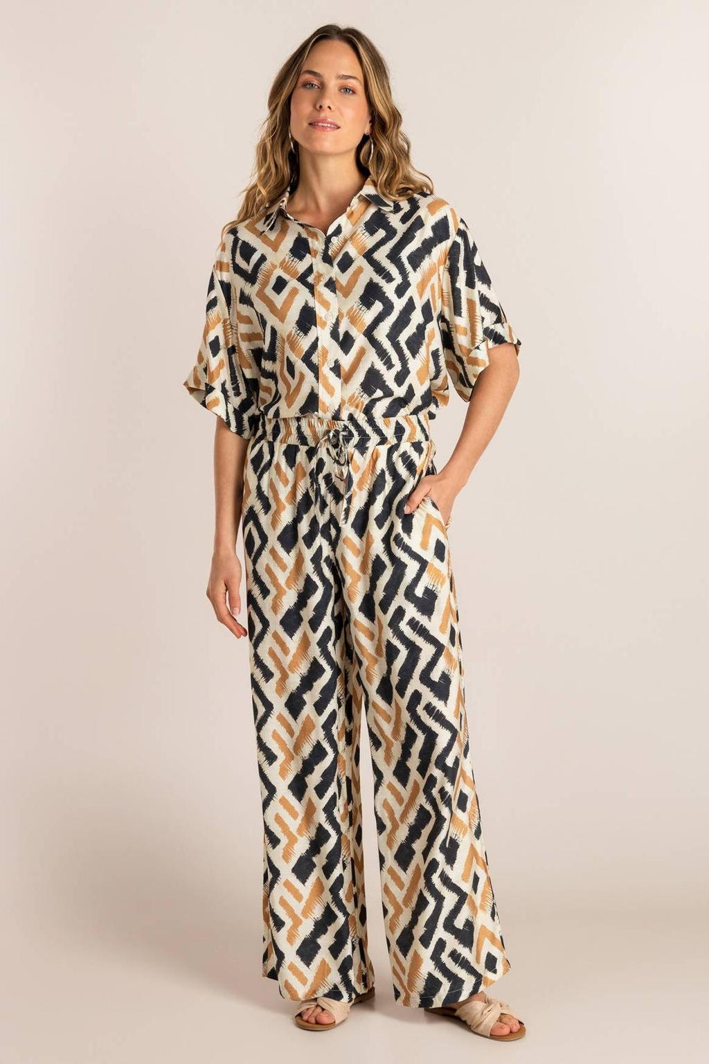 Zand, ecru en zwarte dames Ivy Beau wide leg regular waist broek van viscose met elastische tailleband met koord