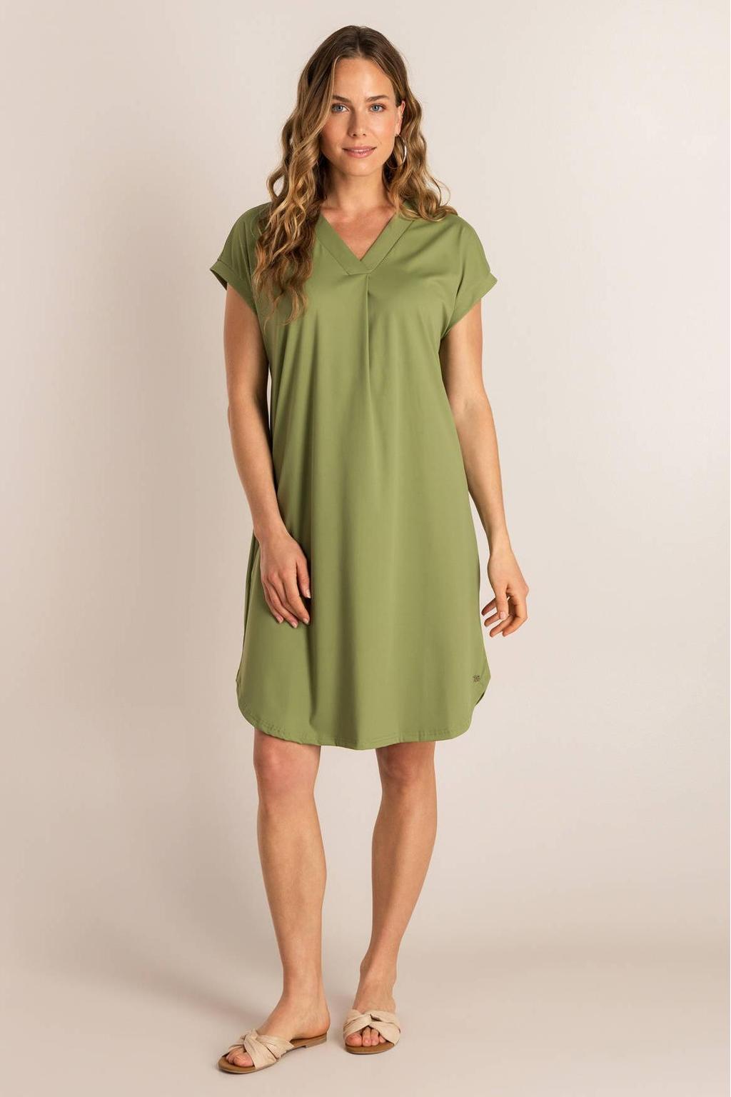 Groene dames Ivy Beau midi jurk travelstof met effen, korte mouwen en V-hals
