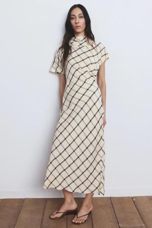 geruite midi jurk beige