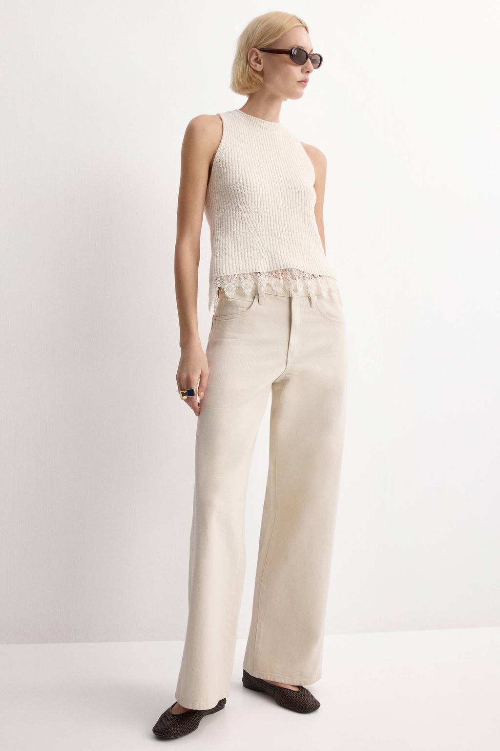 Ecru dames Mango top rib gebreid van polyester met effen, ronde hals en kant