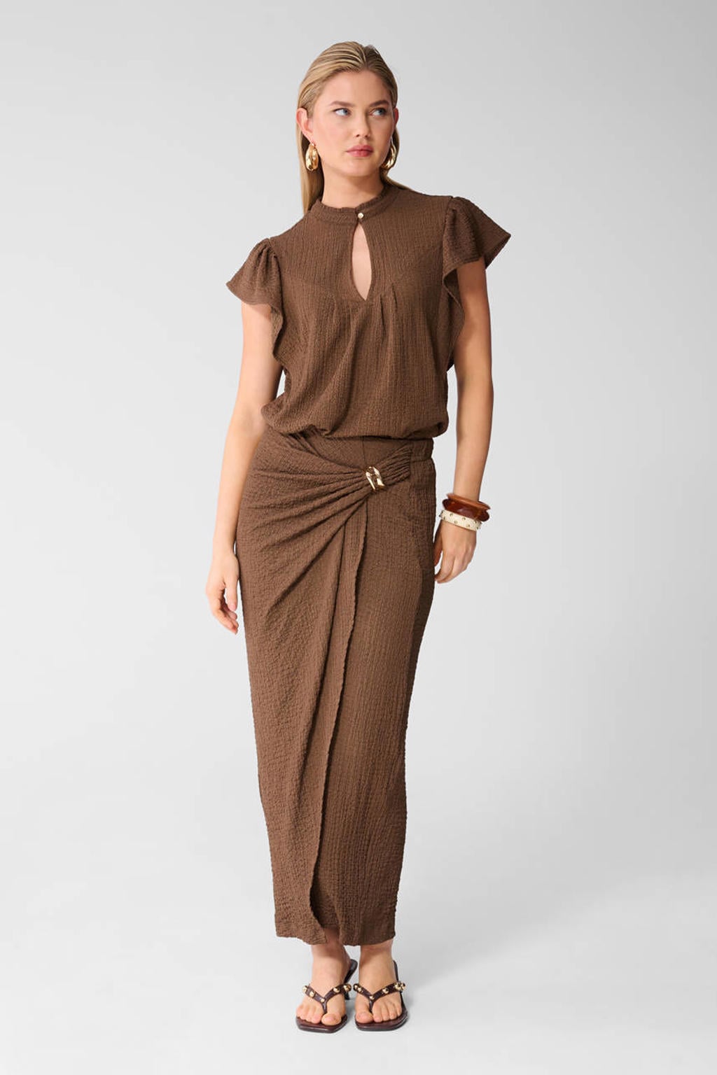 Bruine dames Shoeby midi rok gemaakt van polyester en met elastische tailleband