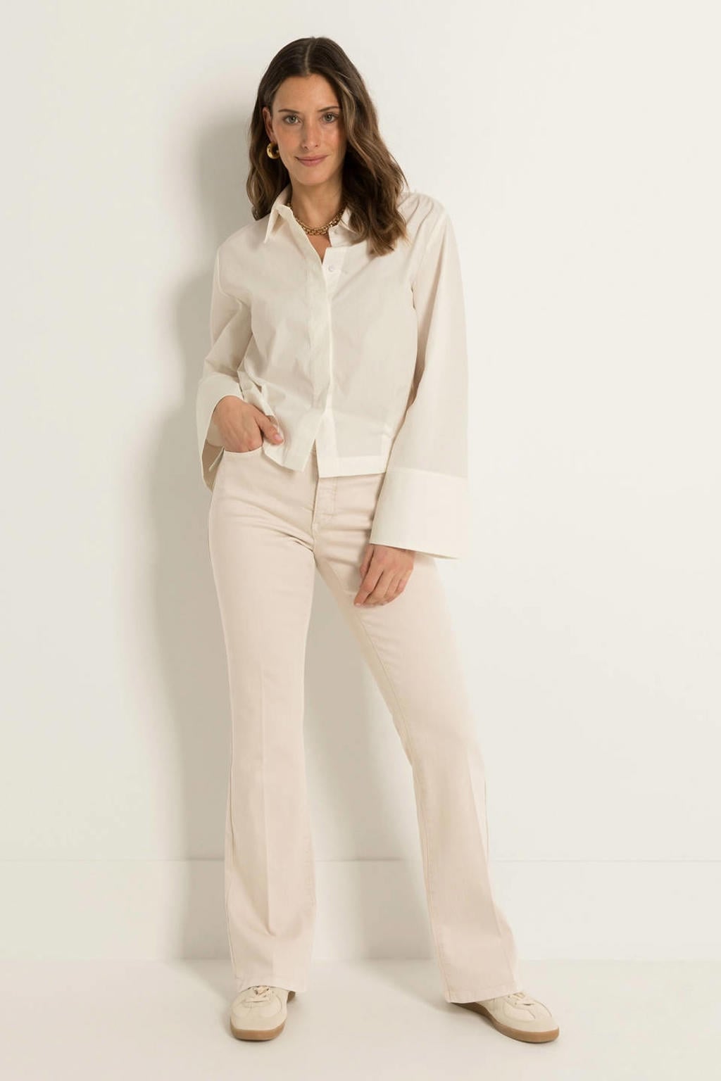 Beige dames CLAUDIA BY CLAUDIA STRÄTER flared jeans van denim met regular waist, rits- en knoopsluiting en effen