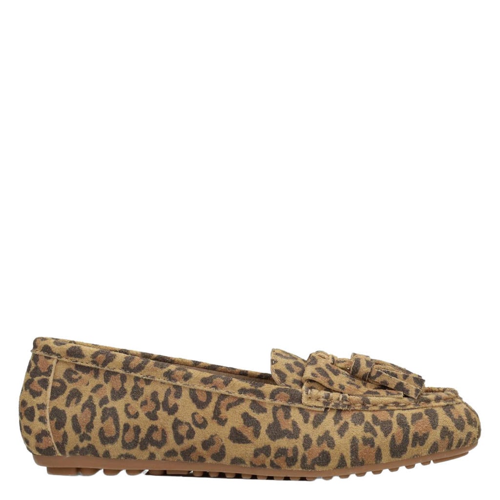 Beige en zwarte dames Poelman Taya suède mocassins met panterprint