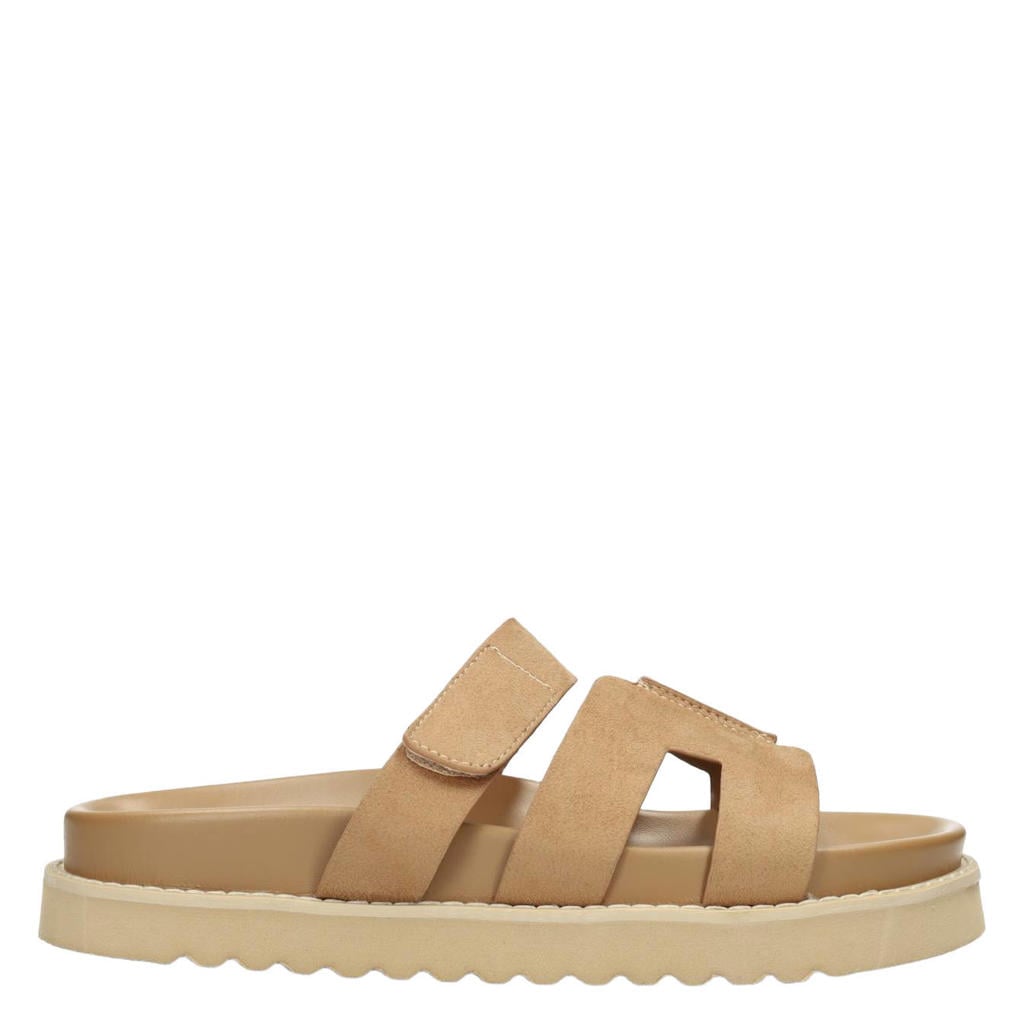 Beige dames POSH by Poelman Scottie leren slippers met klittenband