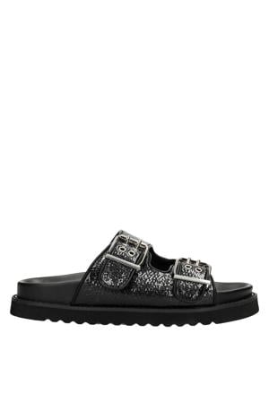 Garby leren slippers met dierenprint zwart