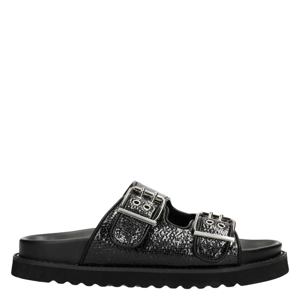 Zwarte dames POSH by Poelman Garby leren slippers met gesp