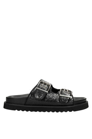 Garby leren slippers met dierenprint zwart
