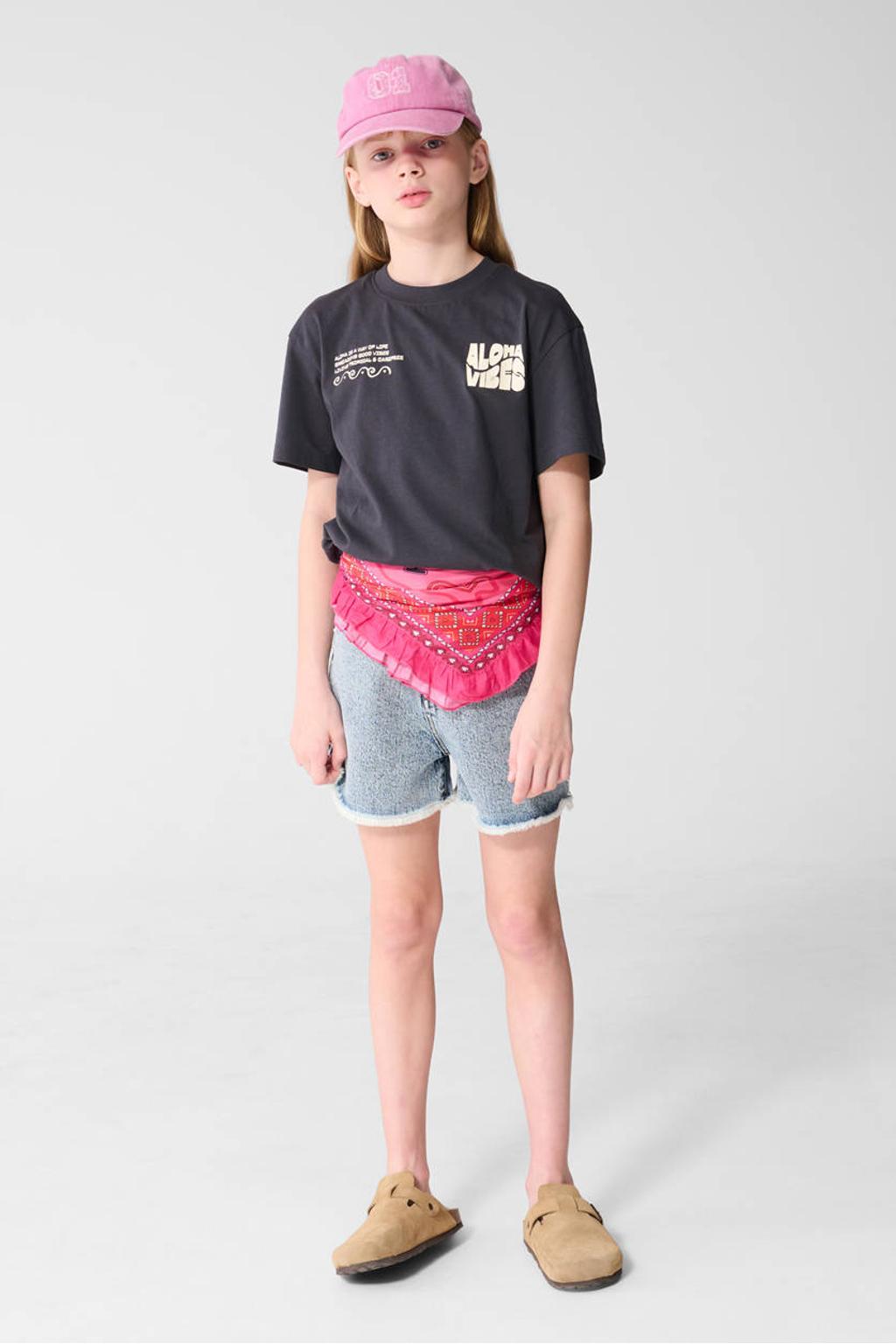 Antraciete meisjes Shoeby T-shirt van katoen met printopdruk, korte mouwen en ronde hals