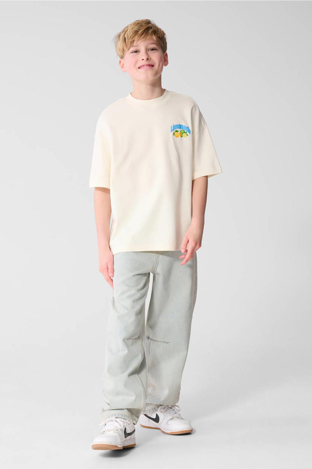 Ecru jongens Shoeby T-shirt van katoen met backprint, korte mouwen en ronde hals
