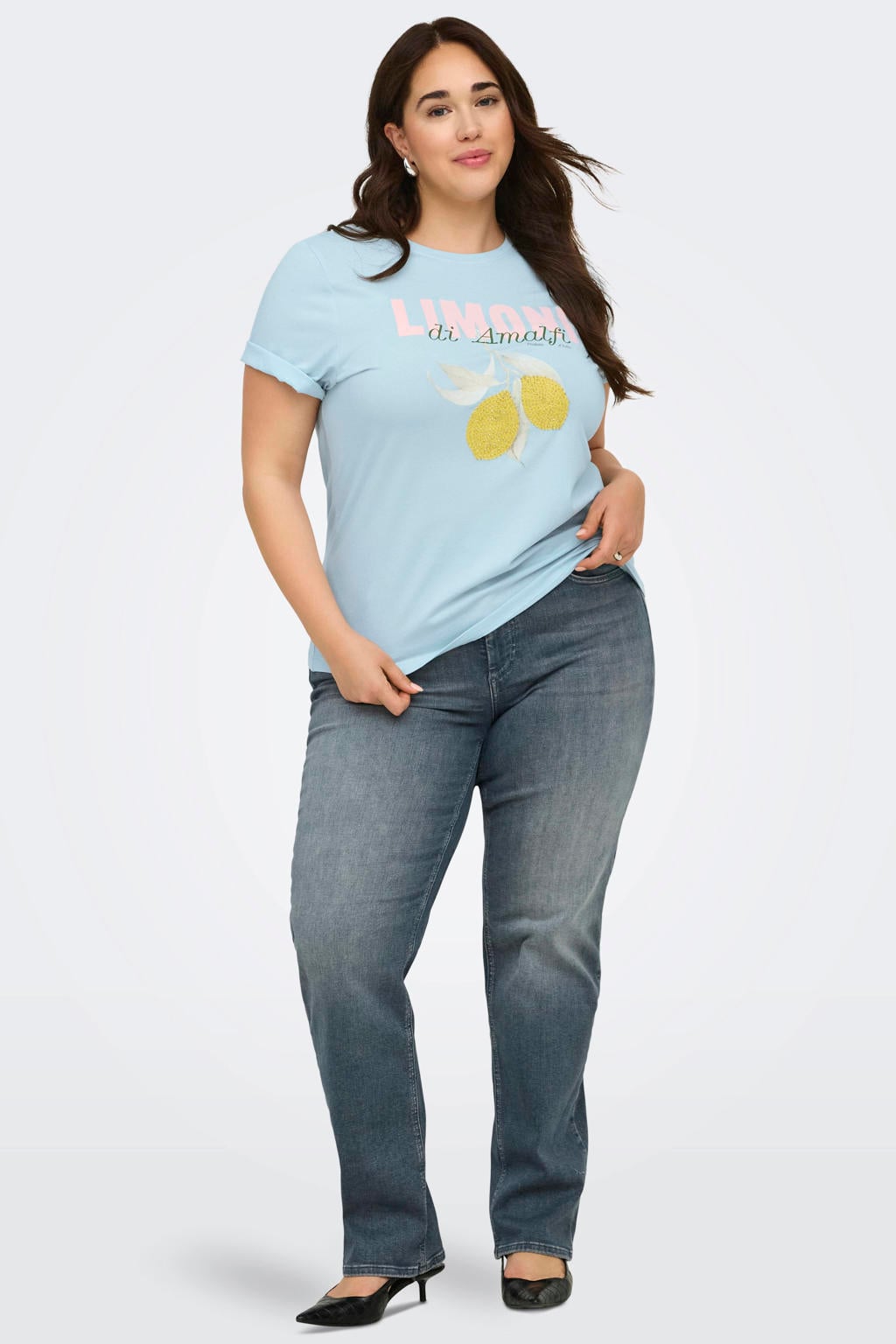 Lichtblauwe dames ONLY CARMAKOMA T-shirt van katoen met korte mouwen en ronde hals