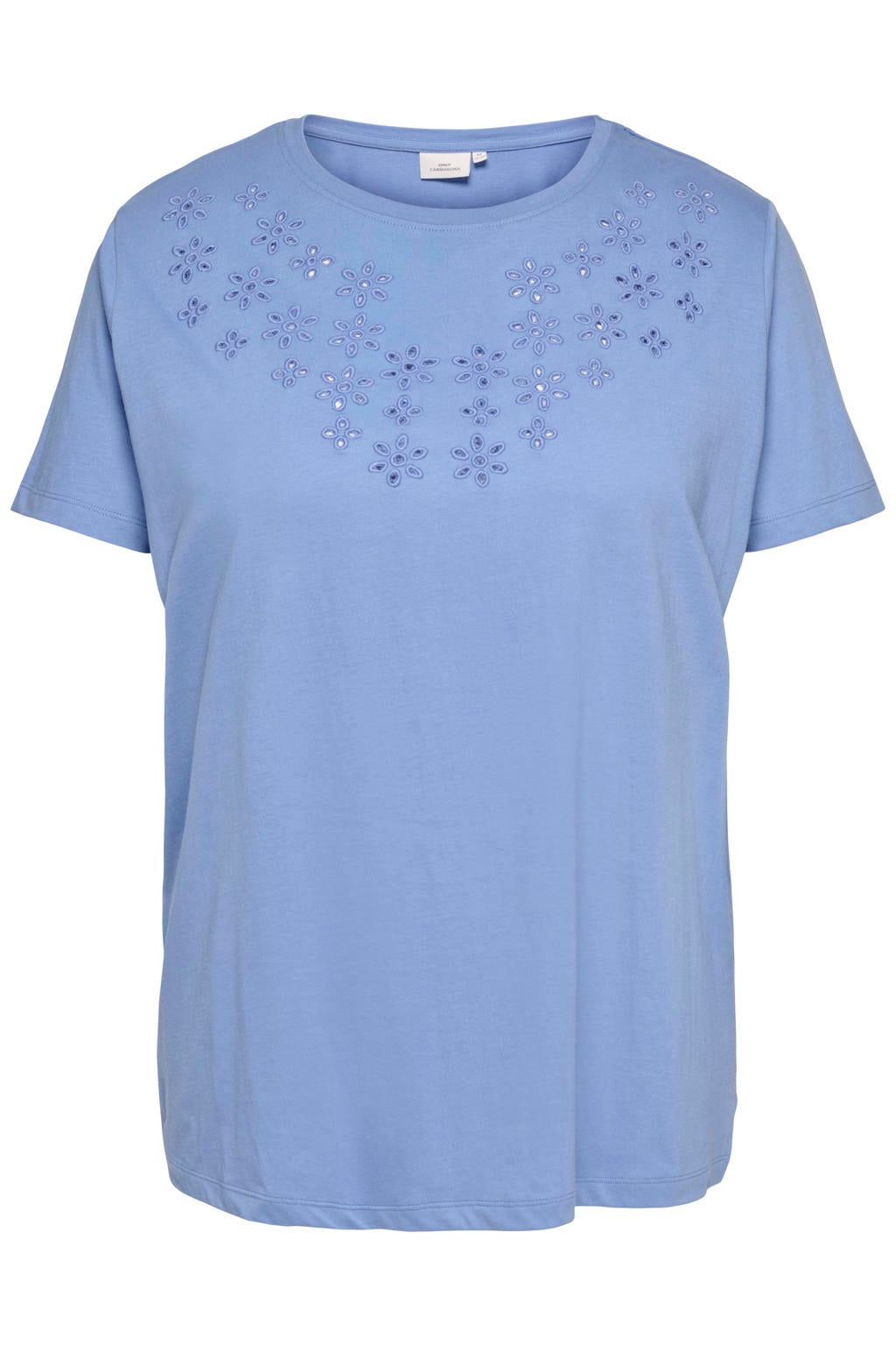 Lichtblauwe dames ONLY CARMAKOMA T-shirt broderie van katoen met effen, korte mouwen, ronde hals en borduursels