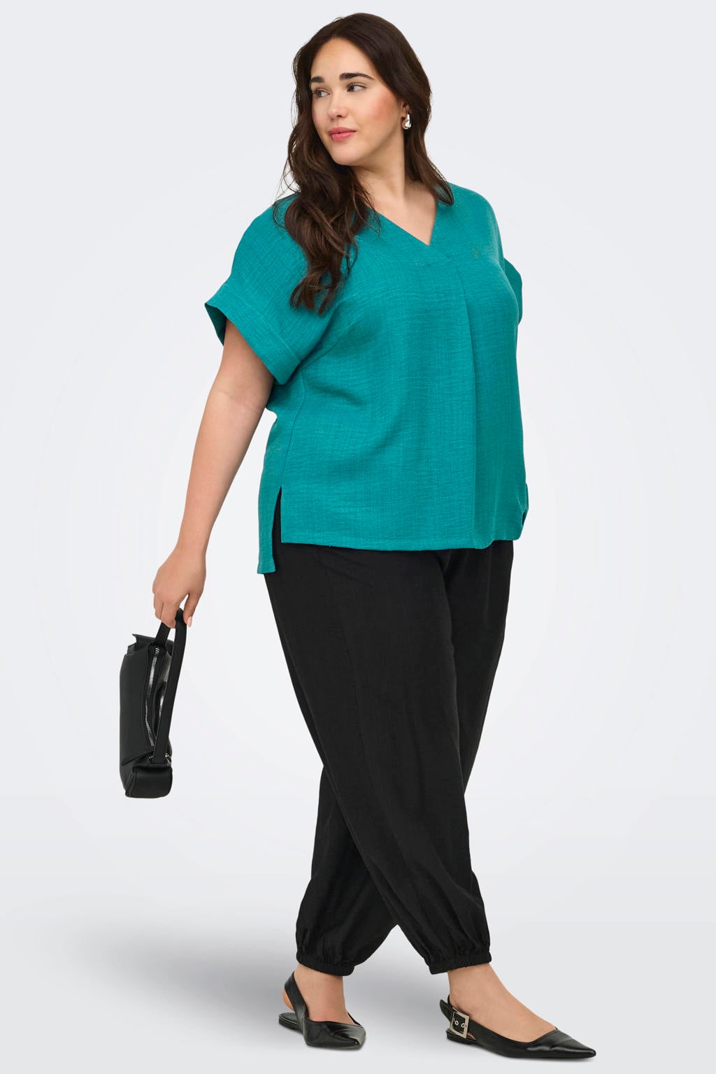 Groene dames ONLY CARMAKOMA top van polyester met effen, korte mouwen, ronde hals en geweven detail
