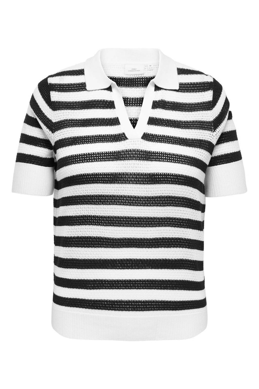 Zwart en witte dames ONLY CARMAKOMA gestreepte top gebreid van acryl met korte mouwen en polo kraag