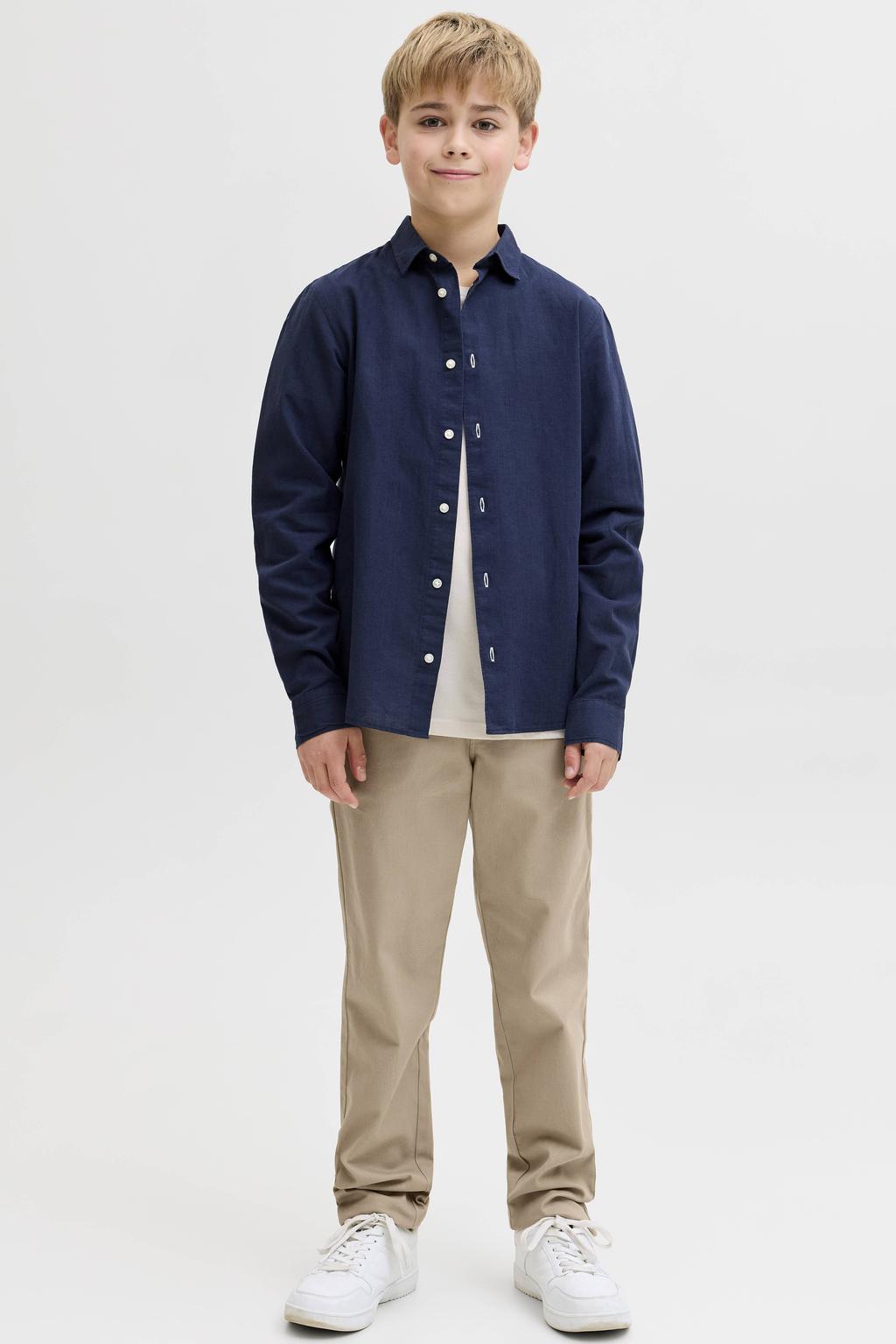 Zandkleurige jongens JJ REBEL JUNIOR regular waist chino van stretchkatoen met rits- en knoopsluiting en effen